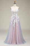 Nydelig A Line Deep V Neck Grey Pink Long Prom Dress med Appliques