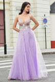 Nydelig A Line Spaghetti stropper Lilac Long Prom Kjole med Appliques
