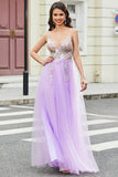 Nydelig A Line Spaghetti stropper Lilac Long Prom Kjole med Appliques