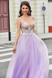 Nydelig A Line Spaghetti stropper Lilac Long Prom Kjole med Appliques