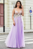 Nydelig A Line Spaghetti stropper Lilac Long Prom Kjole med Appliques