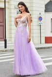 Nydelig A Line Spaghetti stropper Lilac Long Prom Kjole med Appliques