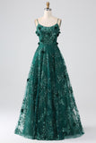 Glitter Mørkegrønn Spaghetti stropper Blonder Blomst Lang korsett Prom Dress
