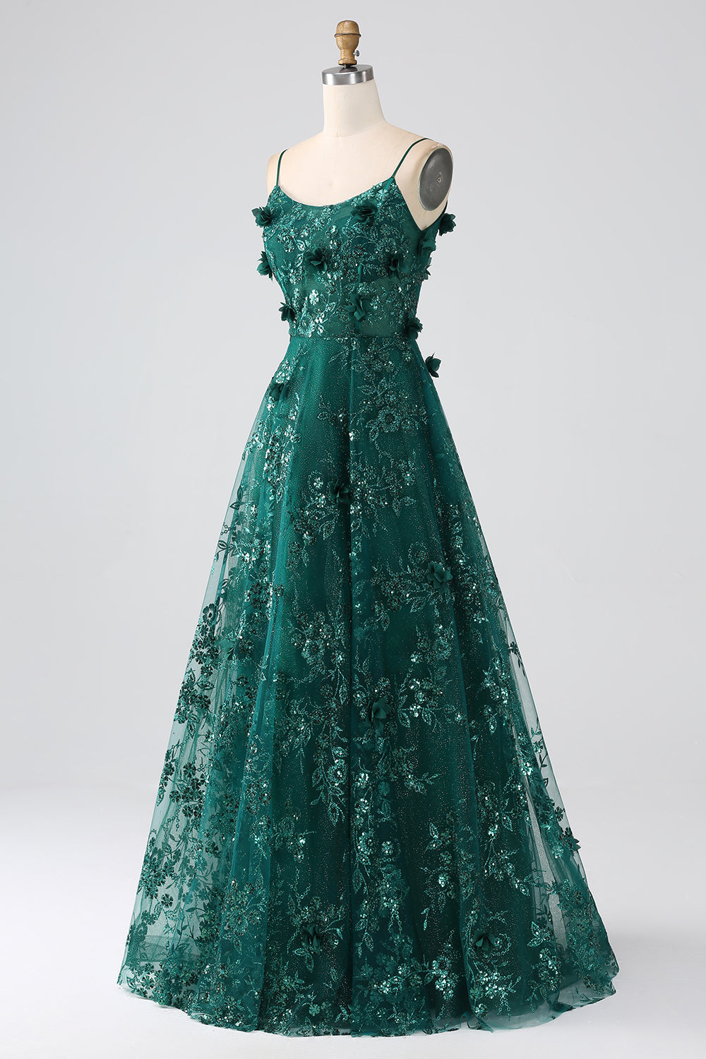 Glitter Mørkegrønn Spaghetti stropper Blonder Blomst Lang korsett Prom Dress