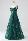 Glitter Mørkegrønn Spaghetti stropper Blonder Blomst Lang korsett Prom Dress