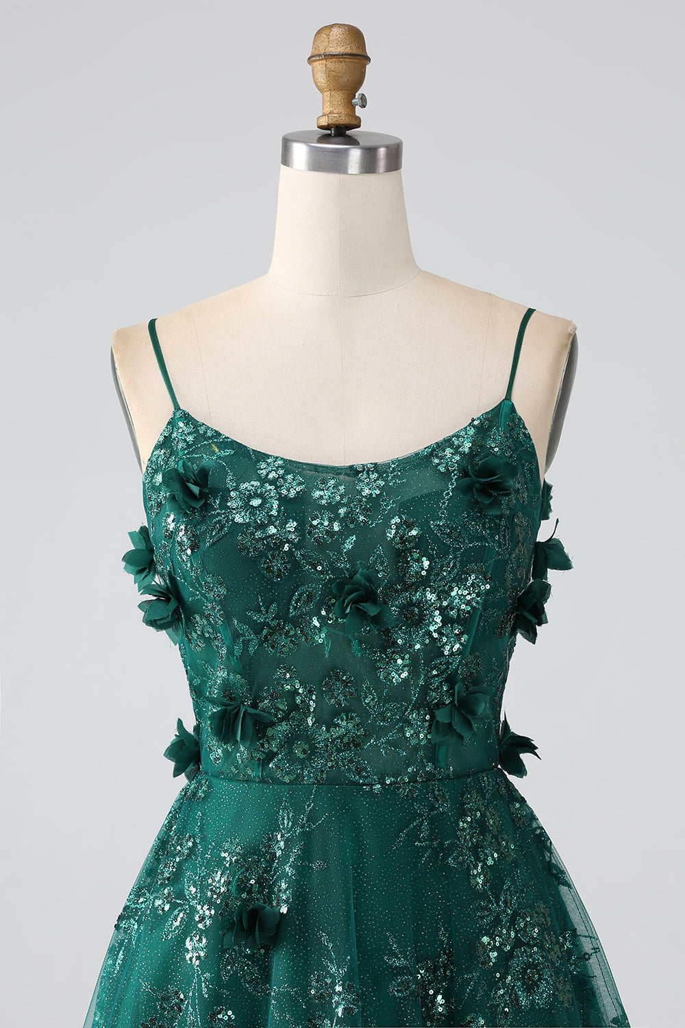 Glitter Mørkegrønn Spaghetti stropper Blonder Blomst Lang korsett Prom Dress