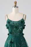 Glitter Mørkegrønn Spaghetti stropper Blonder Blomst Lang korsett Prom Dress