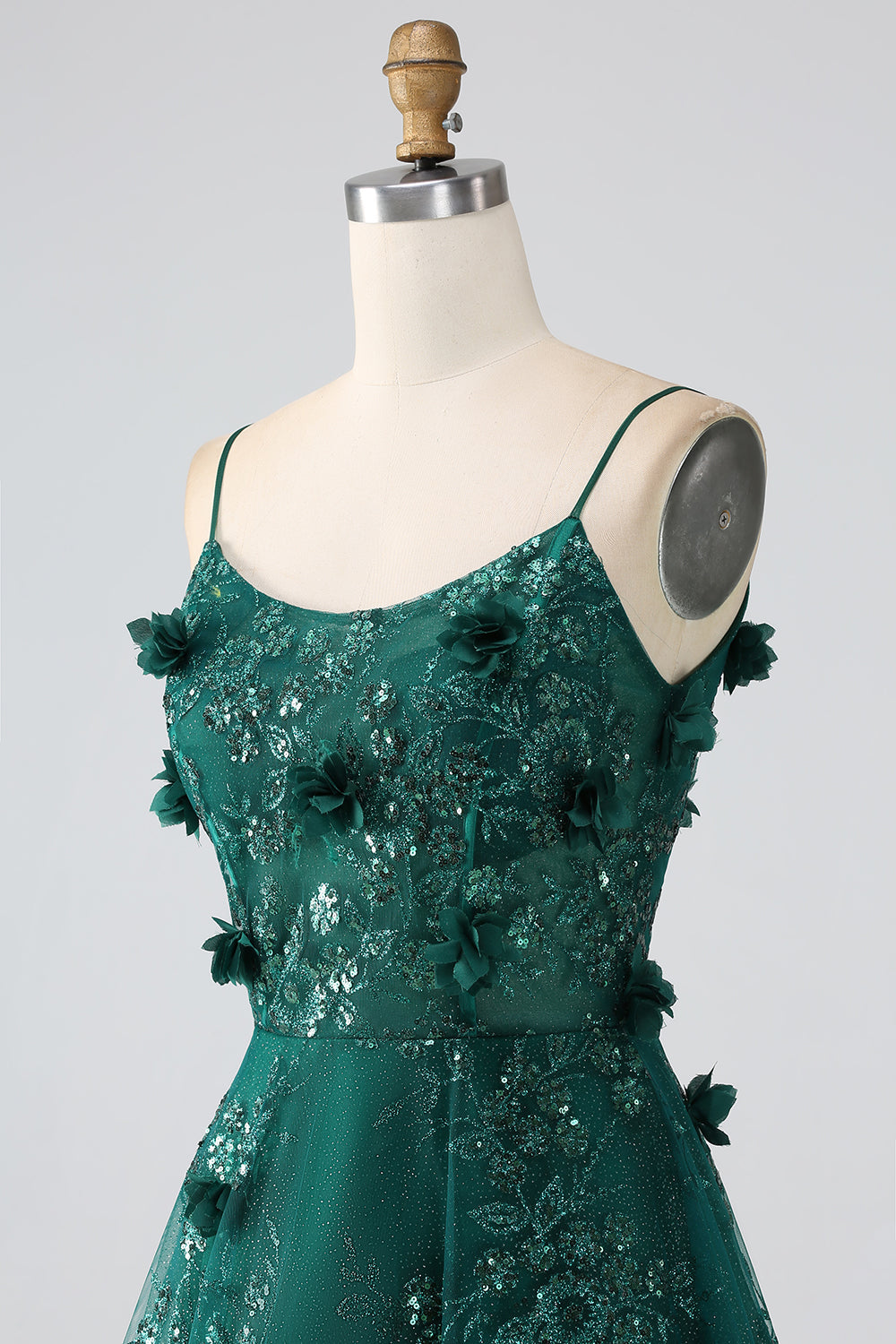 Glitter Mørkegrønn Spaghetti stropper Blonder Blomst Lang korsett Prom Dress