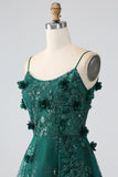 Glitter Mørkegrønn Spaghetti stropper Blonder Blomst Lang korsett Prom Dress