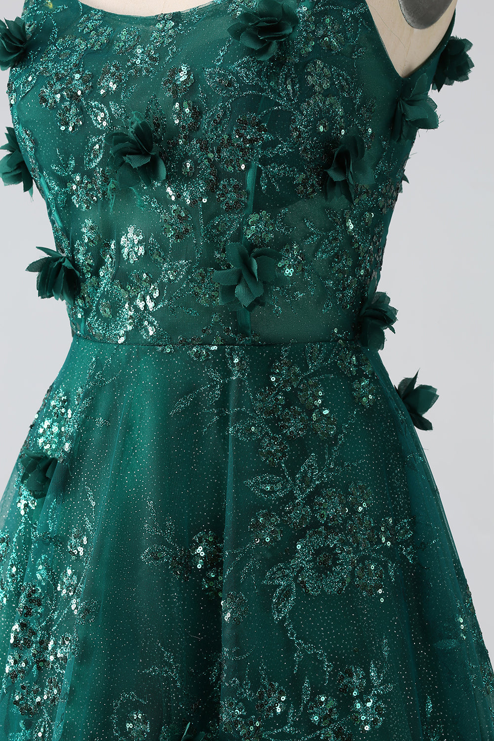Glitter Mørkegrønn Spaghetti stropper Blonder Blomst Lang korsett Prom Dress
