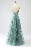 Glitter Mørkegrønn Spaghetti stropper Blonder Blomst Lang korsett Prom Dress