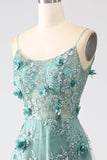 Glitter Mørkegrønn Spaghetti stropper Blonder Blomst Lang korsett Prom Dress
