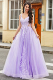 Nydelig A Line Spaghetti stropper Lilac Tylle Long Prom Kjole med Appliques