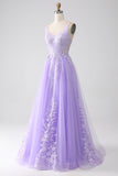 Lilac A-Line Spaghetti stropper Tylle Long Prom Kjole med Appliques