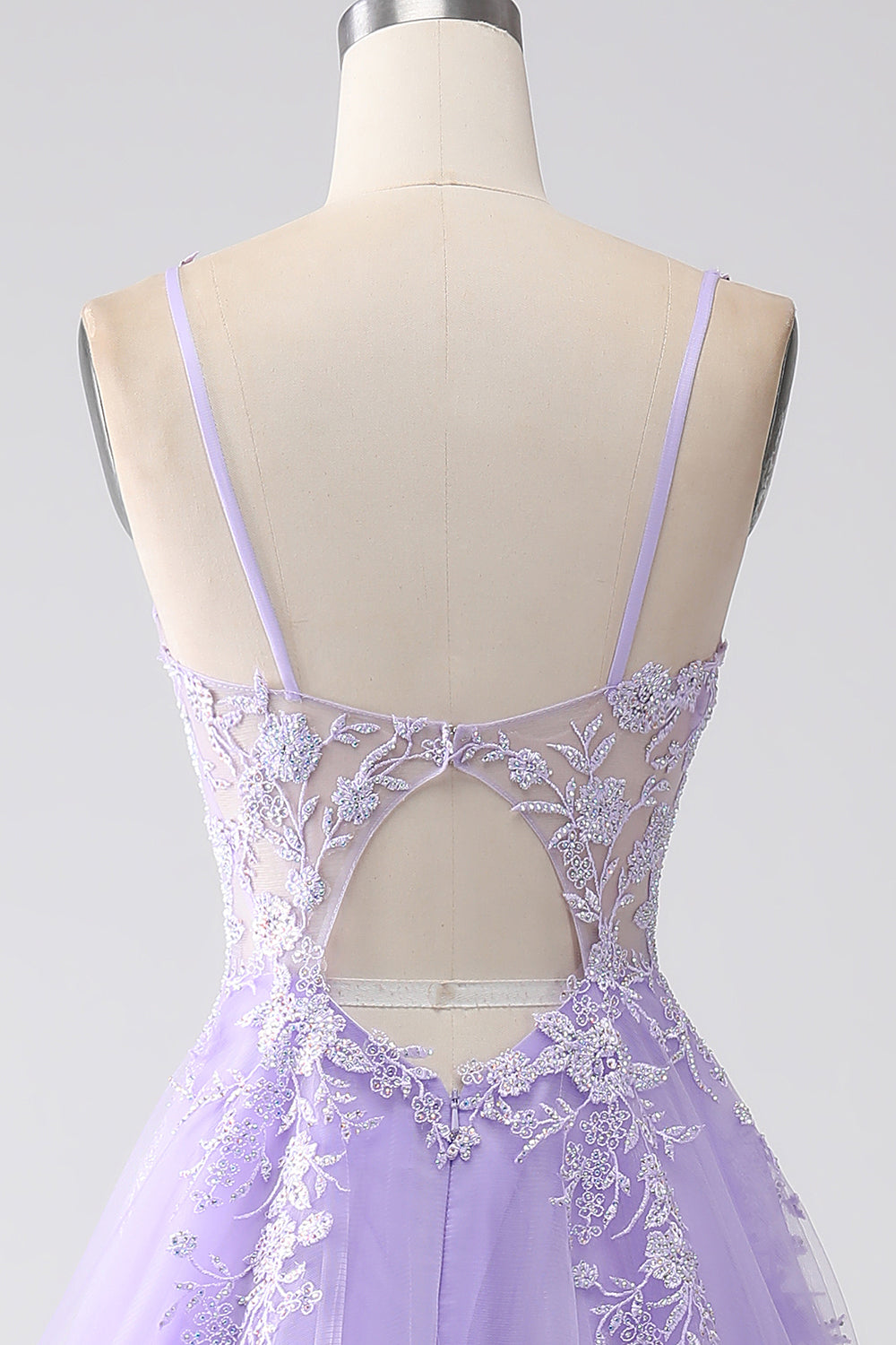 Lilac A-Line Spaghetti stropper Tylle Long Prom Kjole med Appliques