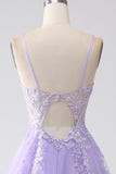 Lilac A-Line Spaghetti stropper Tylle Long Prom Kjole med Appliques
