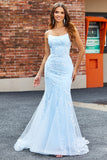 Lyseblå Sparkly Beaded Mermaid Long Prom Dress
