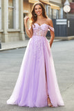 Av skulderen Lilac A-Line Beaded Corset Prom Dress