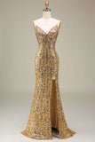 Sparkly Mermaid Golden Long Prom Dress med Slit