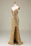 Sparkly Mermaid Golden Long Prom Dress med Slit
