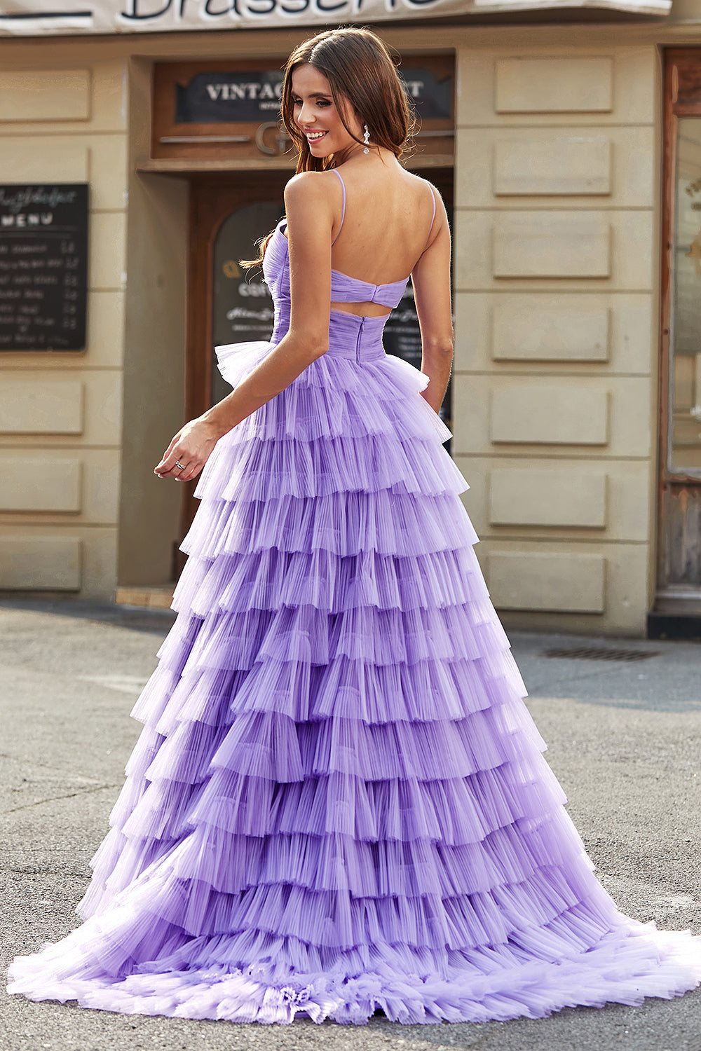 Tylle A-Line Purple Tiered Long Prom Dress med Slit
