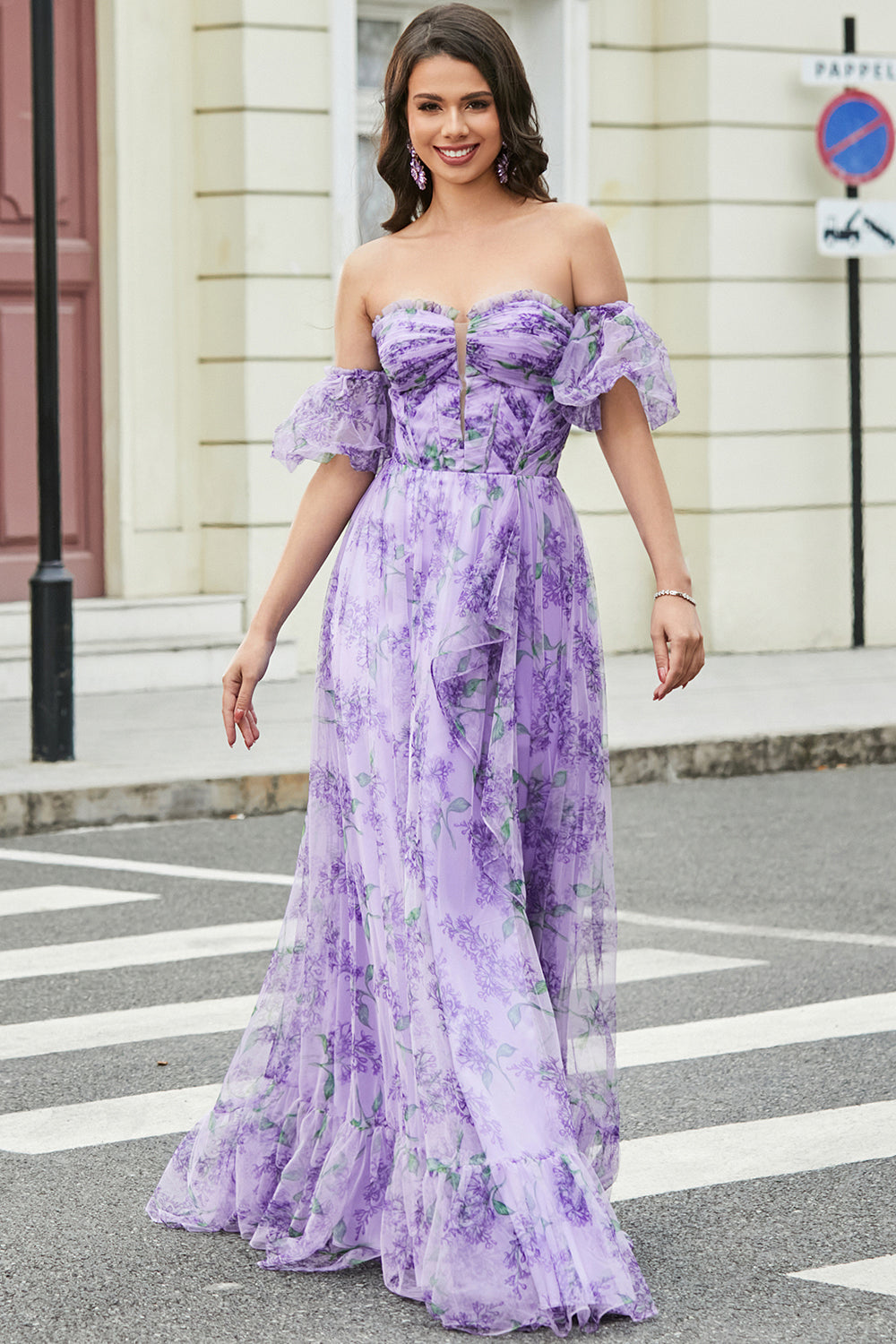 Lavender Trykt en linje Prom kjole med avtagbare ermer