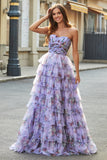 Nydelig en linje av skulderen Lavendel trykt Long Prom Dress med Ruffles