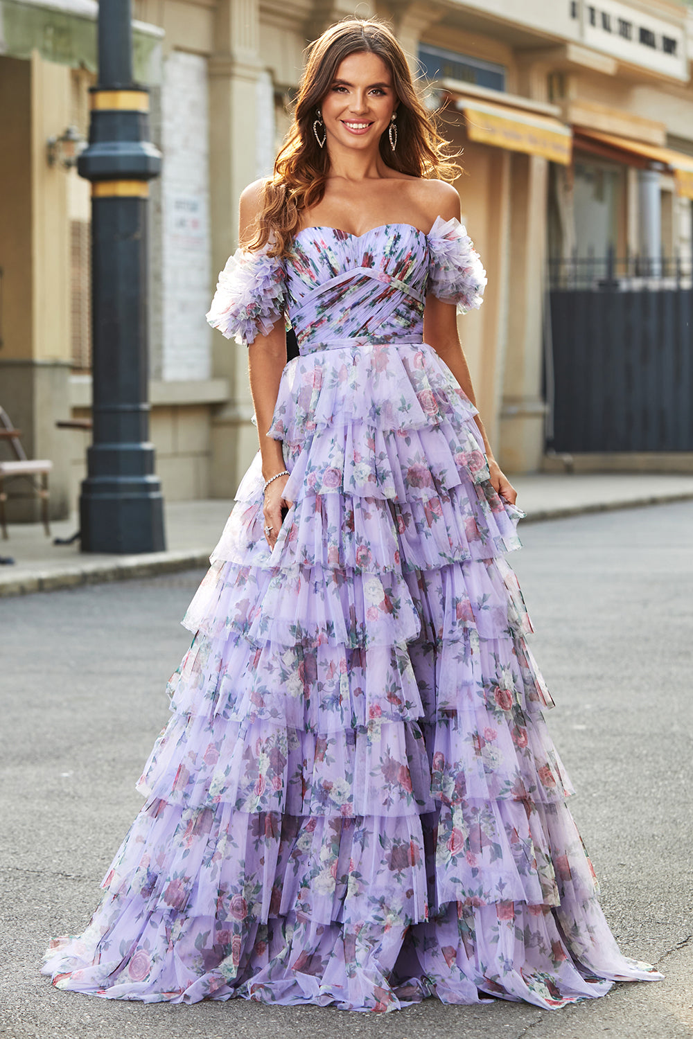 Nydelig en linje av skulderen Lavendel trykt Long Prom Dress med Ruffles