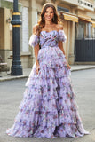 Nydelig en linje av skulderen Lavendel trykt Long Prom Dress med Ruffles