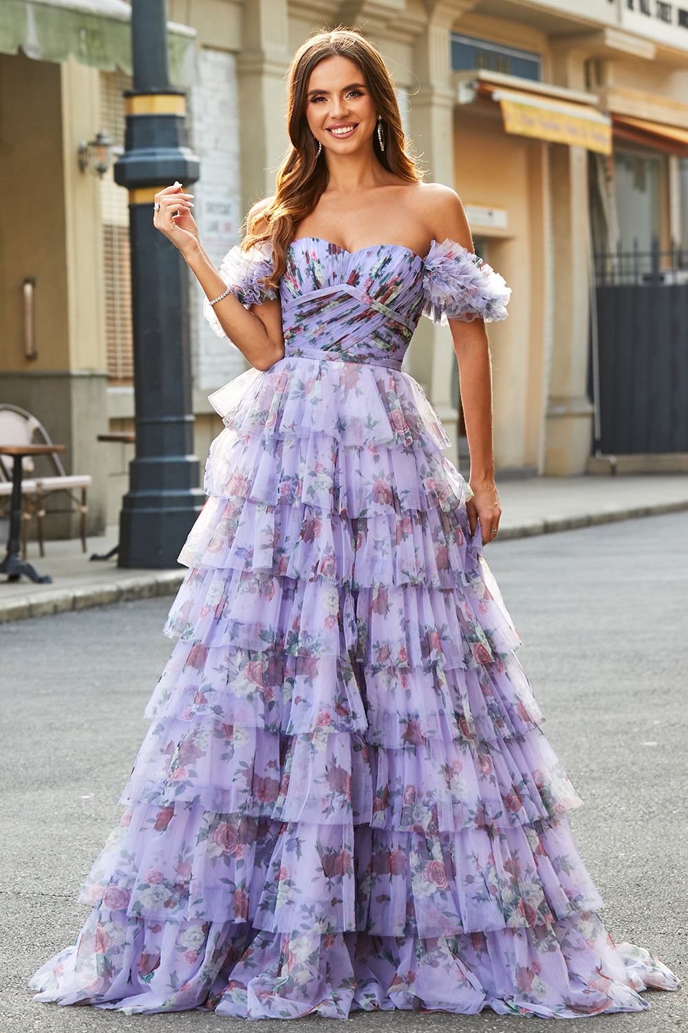 Nydelig en linje av skulderen Lavendel trykt Long Prom Dress med Ruffles