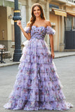 Nydelig en linje av skulderen Lavendel trykt Long Prom Dress med Ruffles