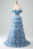 Nydelig en linje av skulderen Lavendel trykt Long Prom Dress med Ruffles