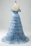 Nydelig en linje av skulderen Lavendel trykt Long Prom Dress med Ruffles