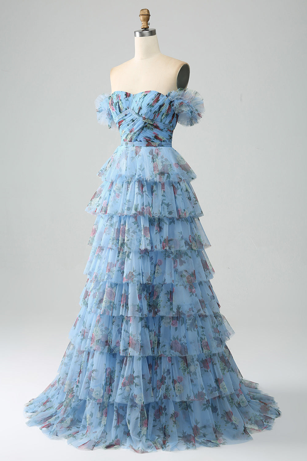 Nydelig en linje av skulderen Lavendel trykt Long Prom Dress med Ruffles