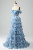 Nydelig en linje av skulderen Lavendel trykt Long Prom Dress med Ruffles