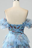Nydelig en linje av skulderen Lavendel trykt Long Prom Dress med Ruffles