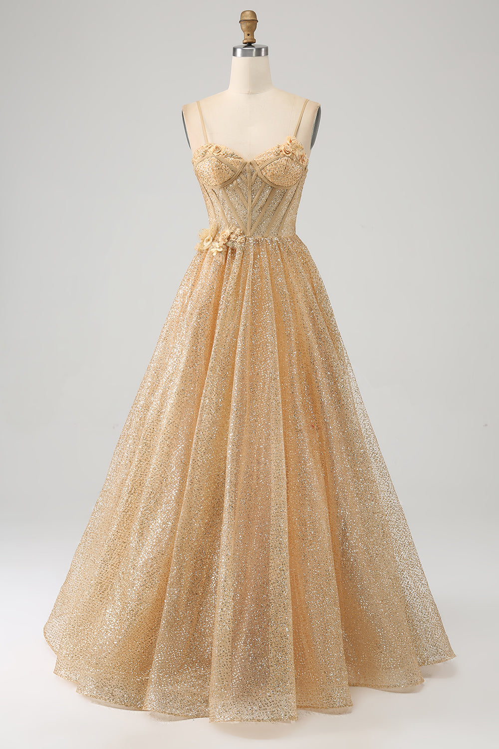 Glitter Golden Corset Long Prom kjole med blomster