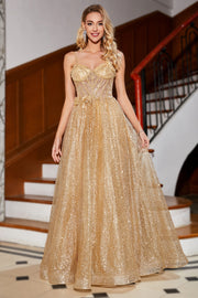 Golden Glitter Korsett Long Prom kjole med blomster