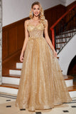 Golden Glitter Korsett Long Prom kjole med blomster