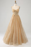 Glitter Golden Corset Long Prom kjole med blomster