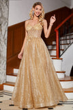 Golden Glitter Korsett Long Prom kjole med blomster