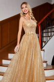 Golden Glitter Korsett Long Prom kjole med blomster