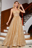 Golden Glitter Korsett Long Prom kjole med blomster