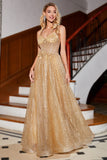 Golden Glitter Korsett Long Prom kjole med blomster