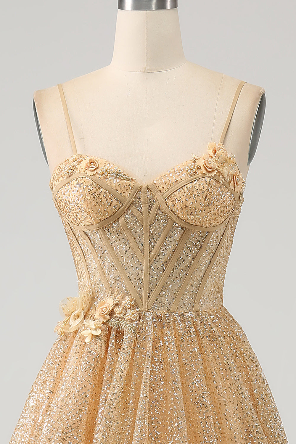 Glitter Golden Corset Long Prom kjole med blomster