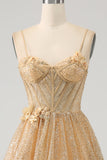 Glitter Golden Corset Long Prom kjole med blomster