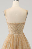 Glitter Golden Corset Long Prom kjole med blomster