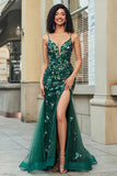Stunning Mermaid Spaghetti stropper Dark Green Long Prom Kjole med Appliques