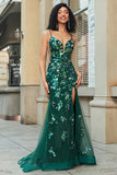 Stunning Mermaid Spaghetti stropper Dark Green Long Prom Kjole med Appliques