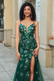 Stunning Mermaid Spaghetti stropper Dark Green Long Prom Kjole med Appliques